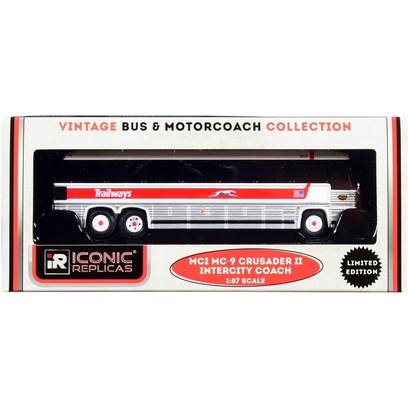 1980 MCI MC-9 Crusader II Intercity Coach Bus "Trailways" White & Silver w/Red Stripe 1/87 (HO) Diecast Model by Iconic Replicas