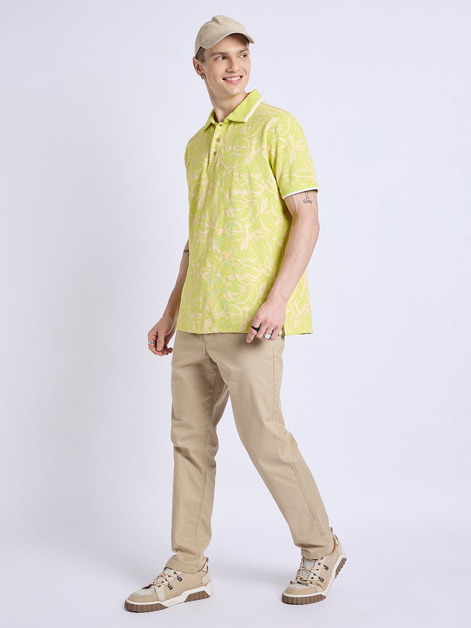 EDRIO Lime Green Regular Fit Printed Polo T-Shirt