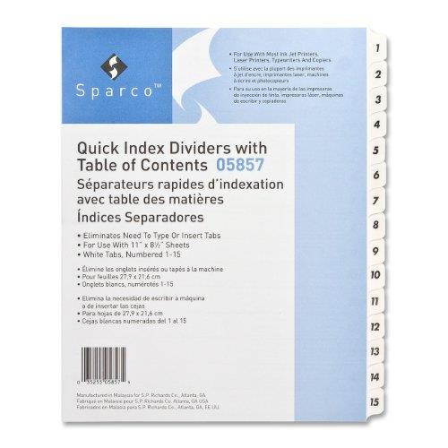 Index Dividers,w/TOC Page,1-15, 15 Tabs/ST,11"x8-1/2",White