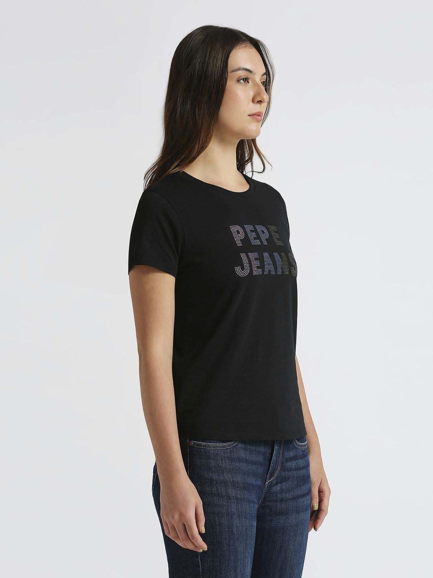 Pepe Jeans Black Cotton Embellished T-Shirt