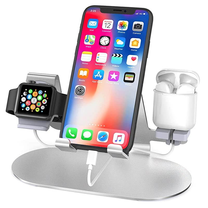 3 in 1 Charging Stand for Apple Watch, iPhone & Airpods Pro,  Charging Dock Compatible with iPad, iPhone, Apple Watch Series SE/ 6/5/4/3/2/1, Airpods Pro/2/1(Charger & Cables NOT include) Silver