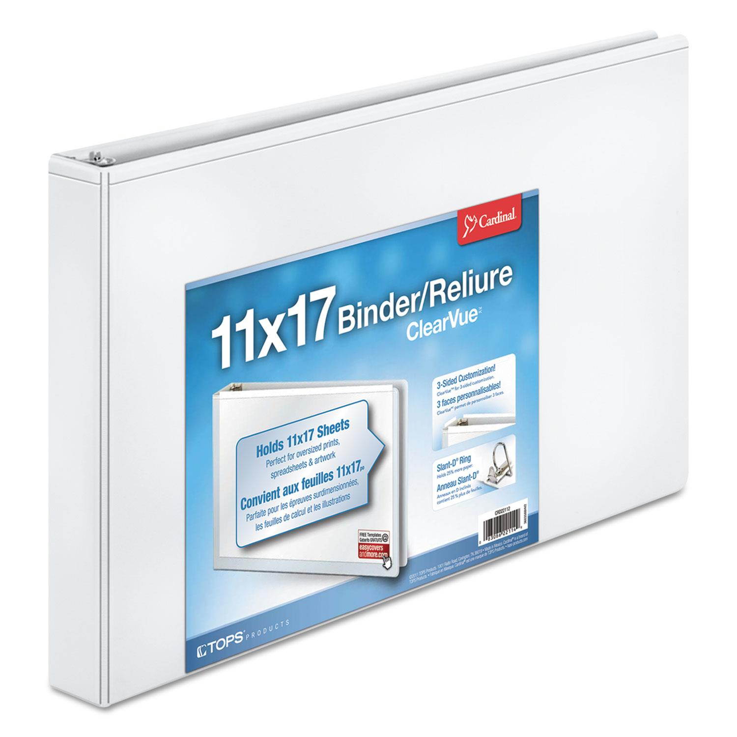TOPS 11 x 17 ClearVue Slant-D Ring Binder 1" Cap White 22112