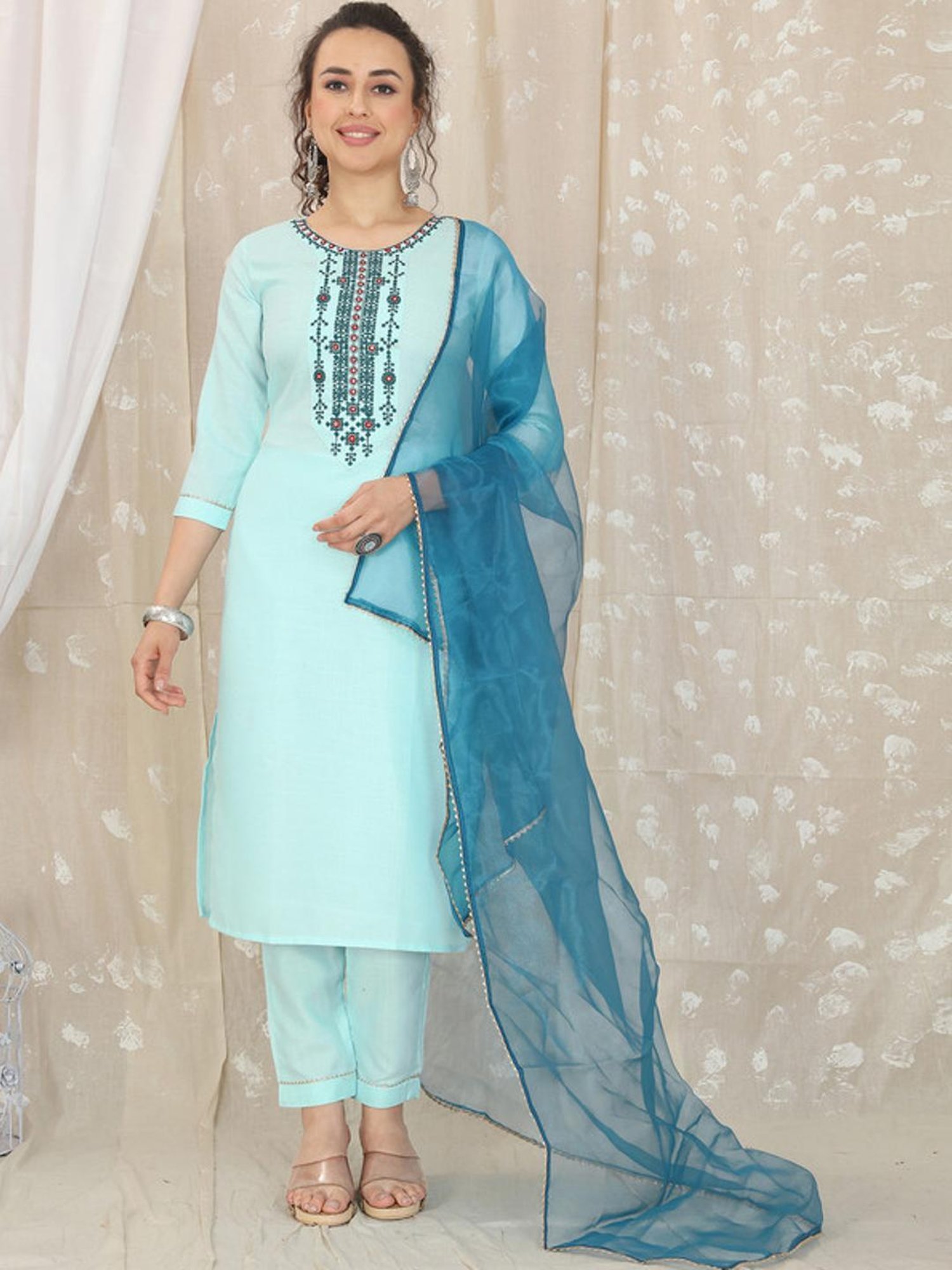 Skylee Turquoise Embroidered Kurta Pant Set With Dupatta