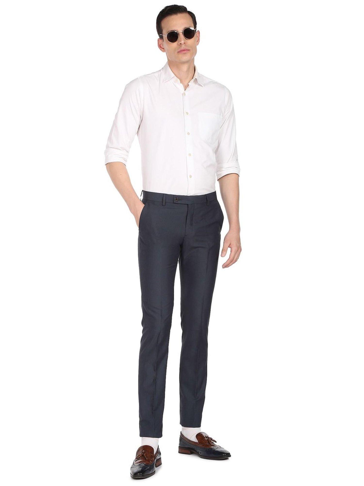 Arrow Navy Blue Regular Fit Self Pattern Trousers