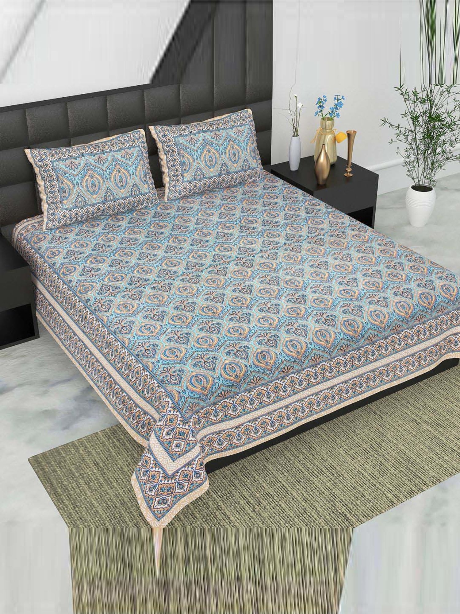BELLA CASA Ethnic Collection Blue Cotton 180 TC King Bedsheet with 2 Pillow Covers
