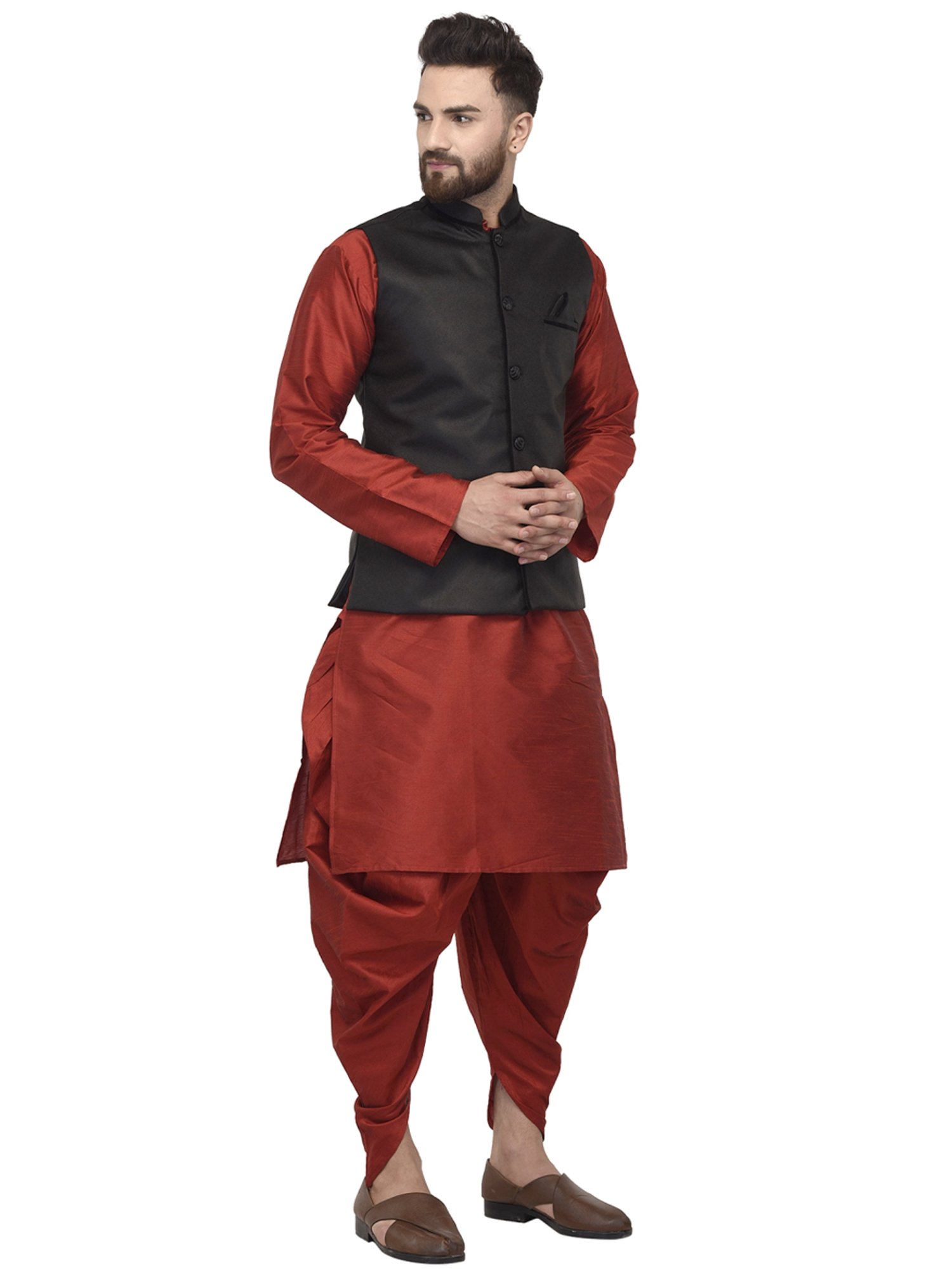 Benstoke Maroon & Black Regular Fit Kurta Set With Jacket