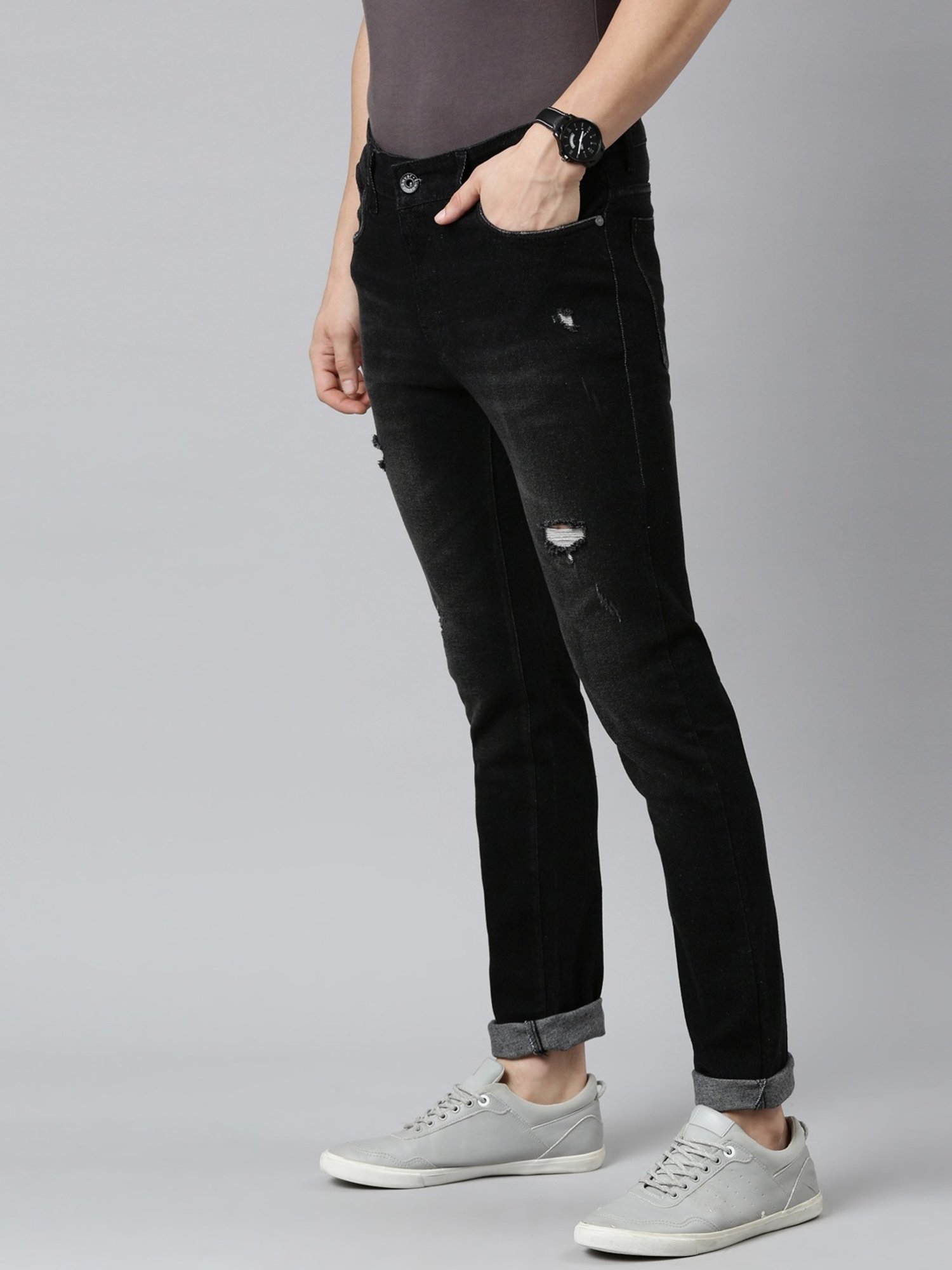 CINOCCI Cool Black Cotton Slim Fit Distressed Jeans