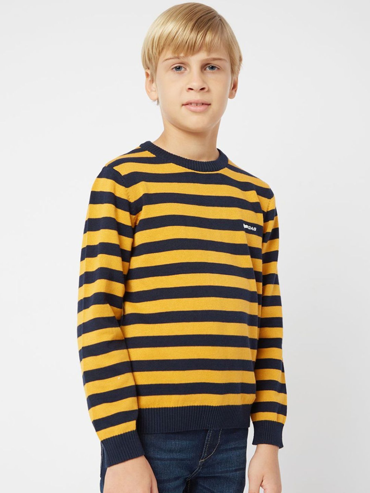 GAS Kids Yellow & Navy Cotton Striped Full Sleeves Sweater