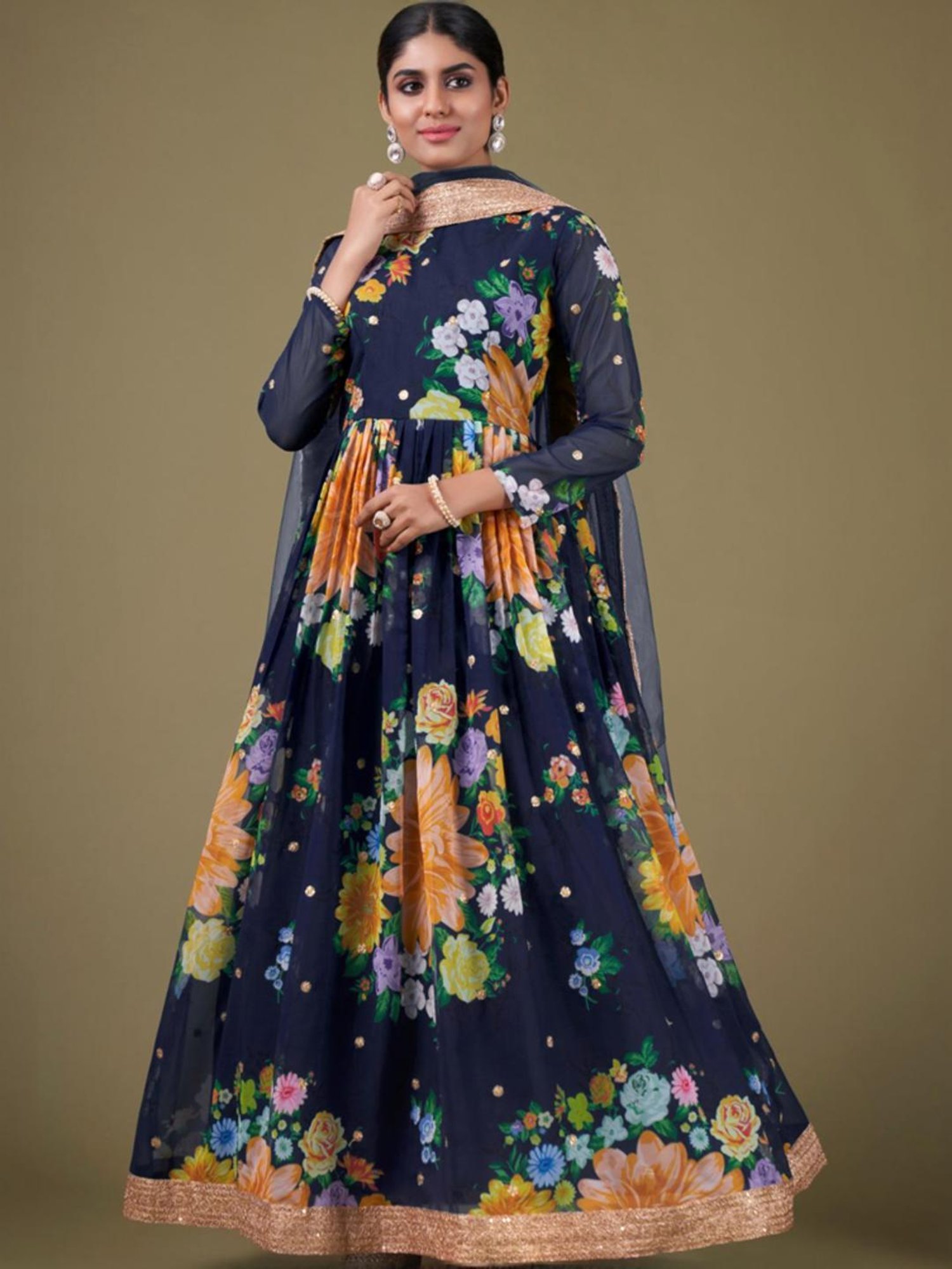 Odette Navy Floral Print Unstitched Dress Material