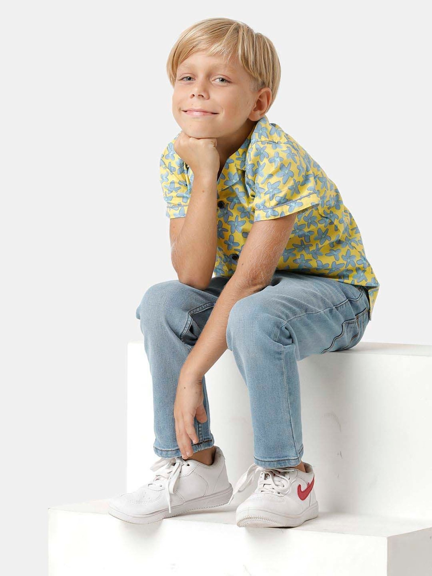 Kate & Oscar Kids Yellow & Blue Cotton Floral Print Shirt