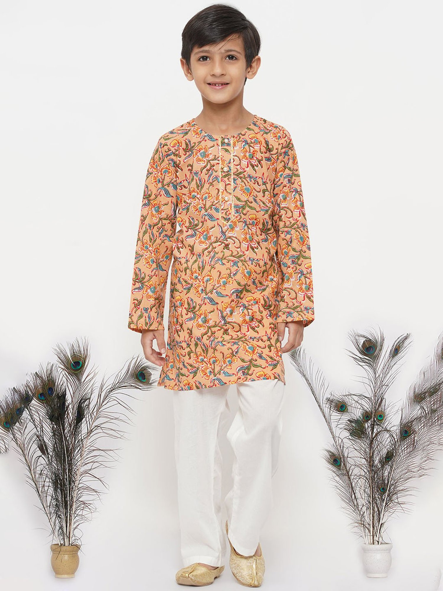 Little Bansi Orange & White Floral 1 Kurta + 1 Pyjamas