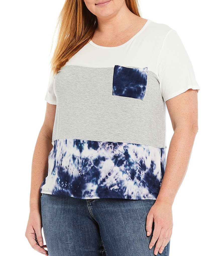 Moa Moa Plus Size Solid Tie Dye Colorblock Scoop Neck Short Sleeve Contrast Pocket Top