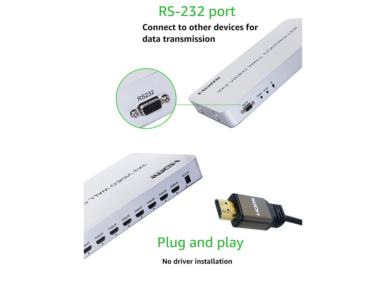 Video Wall Controller 3x3 Processor 4K 3840x2160@30Hz HDMI 1.3 with 1 HDMI Input and 9 Outputs 13 Display Modes Including 1x1,1x2,1x3, 1x4, 2x1, 2x2, 2x3, 2x4, 3x1, 3x2, 3x3, 4x1, 4x2