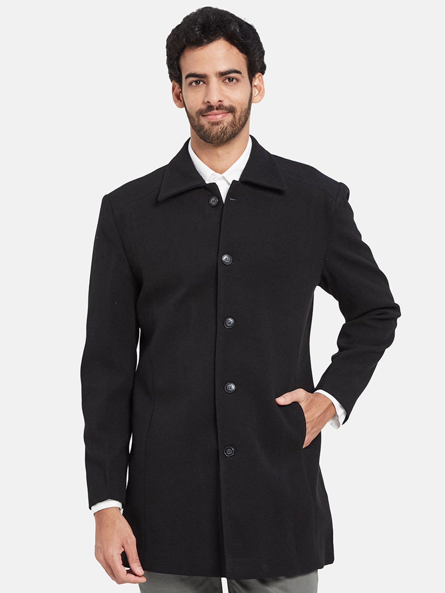 METTLE Black Regular Fit Shirt Collar Overcoat