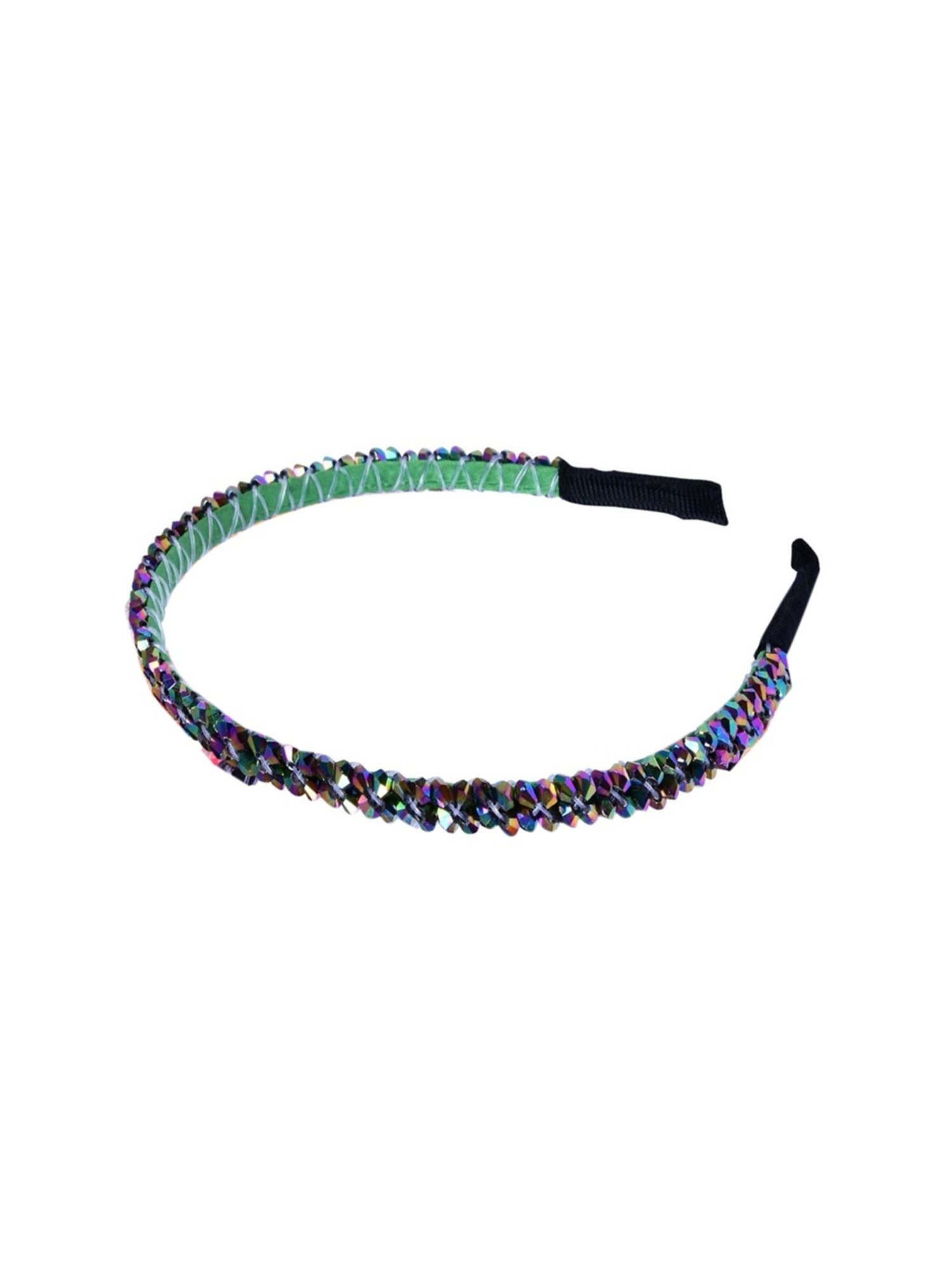 OOMPH Black, Silver Metallic Multicolor Shimmer Crystal Studded Thin Hair Band - Combo of 3