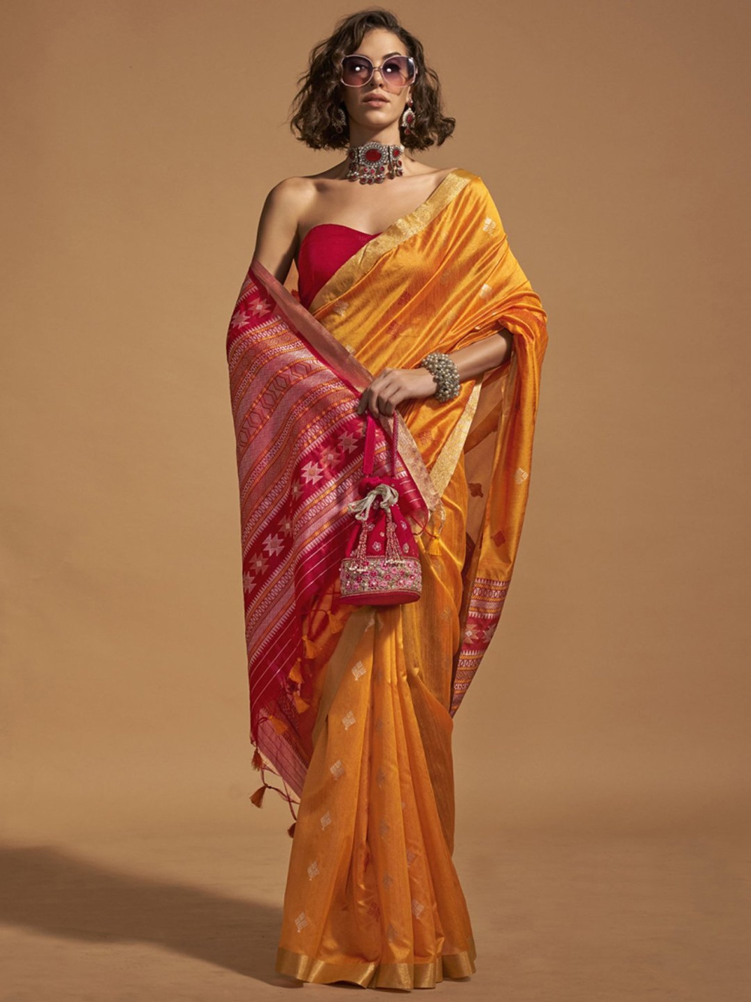 Unnati Silks Red Silk Printed Saree With Unstitched Blouse