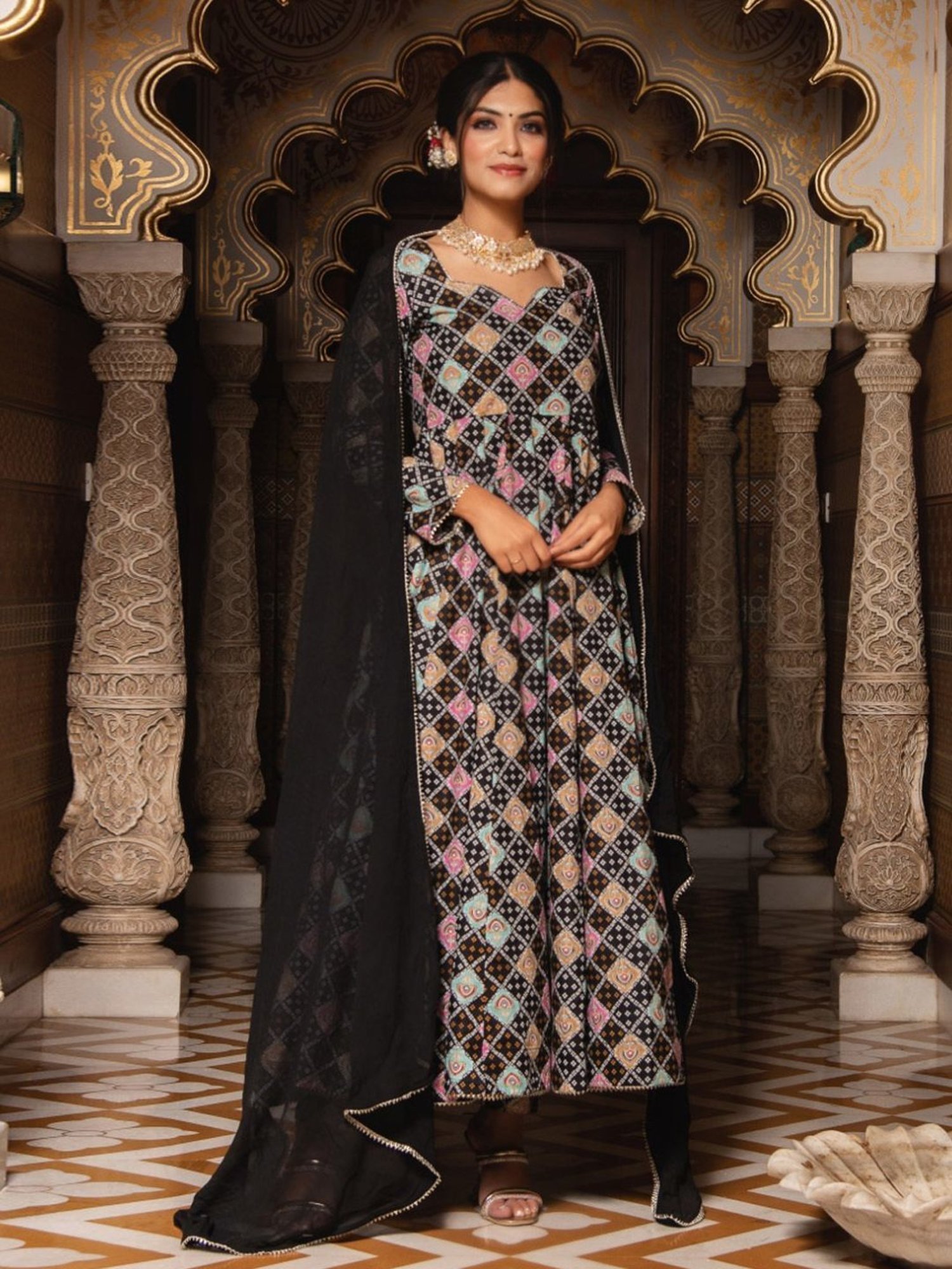 Calmna Black Geomatric Print Anarkali Suit Set