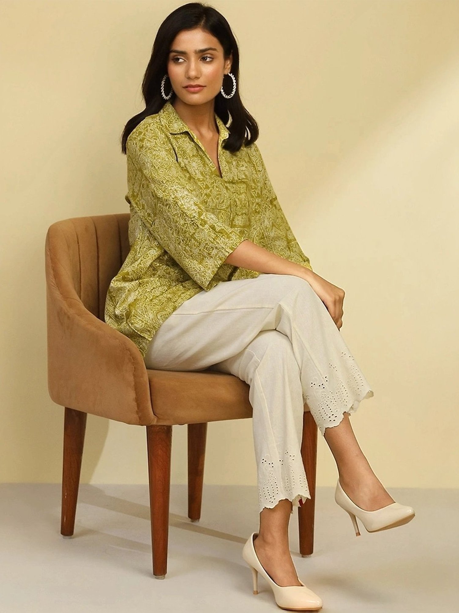 Biba Green Printed A Line Short Kurti