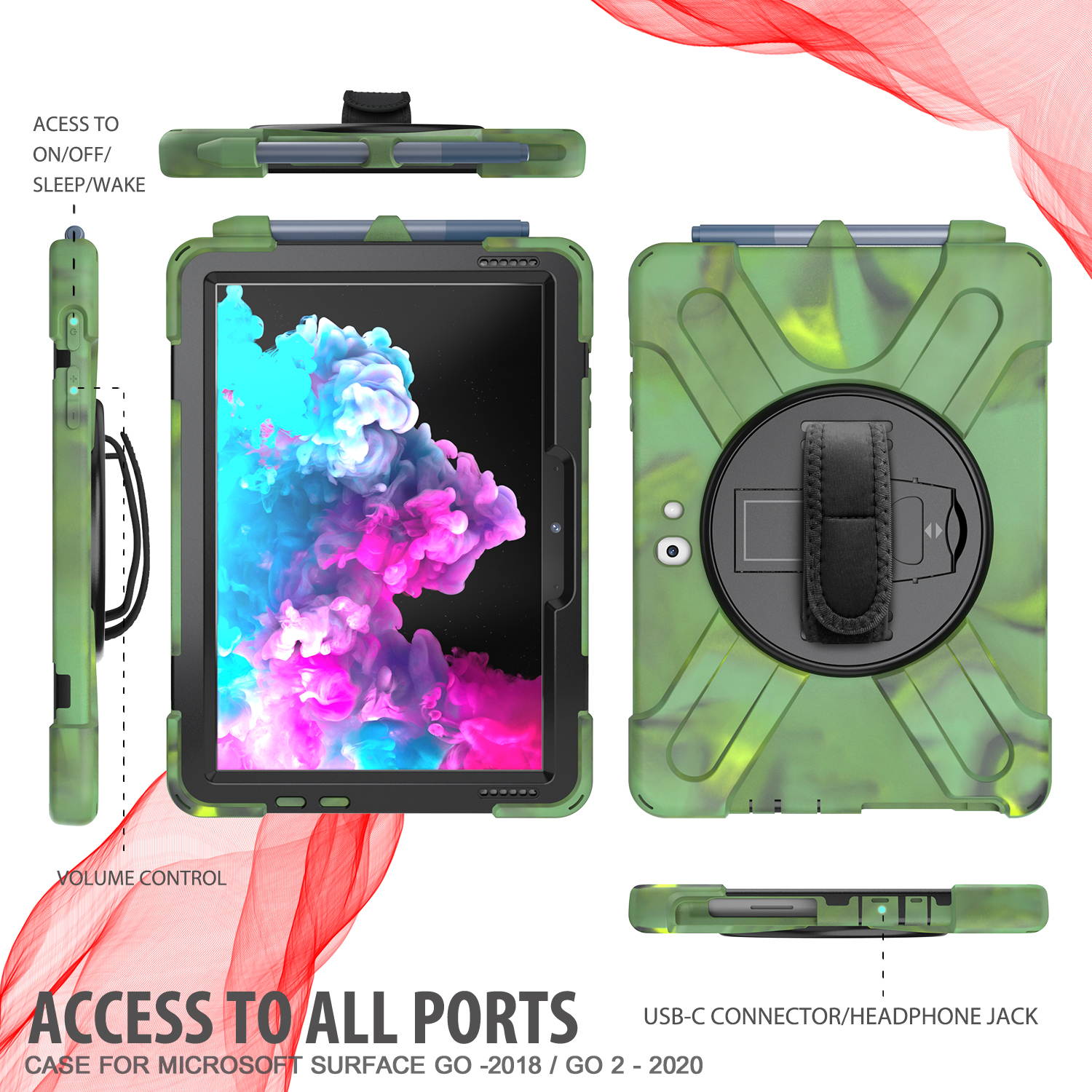 Case for Microsoft Surface Go 2 10.5 inch 2020 / Surface Go 10 inch 2018 with with Pen Holder, Hand Strap & Shoulder Strap Shockproof Protective Stand Cover