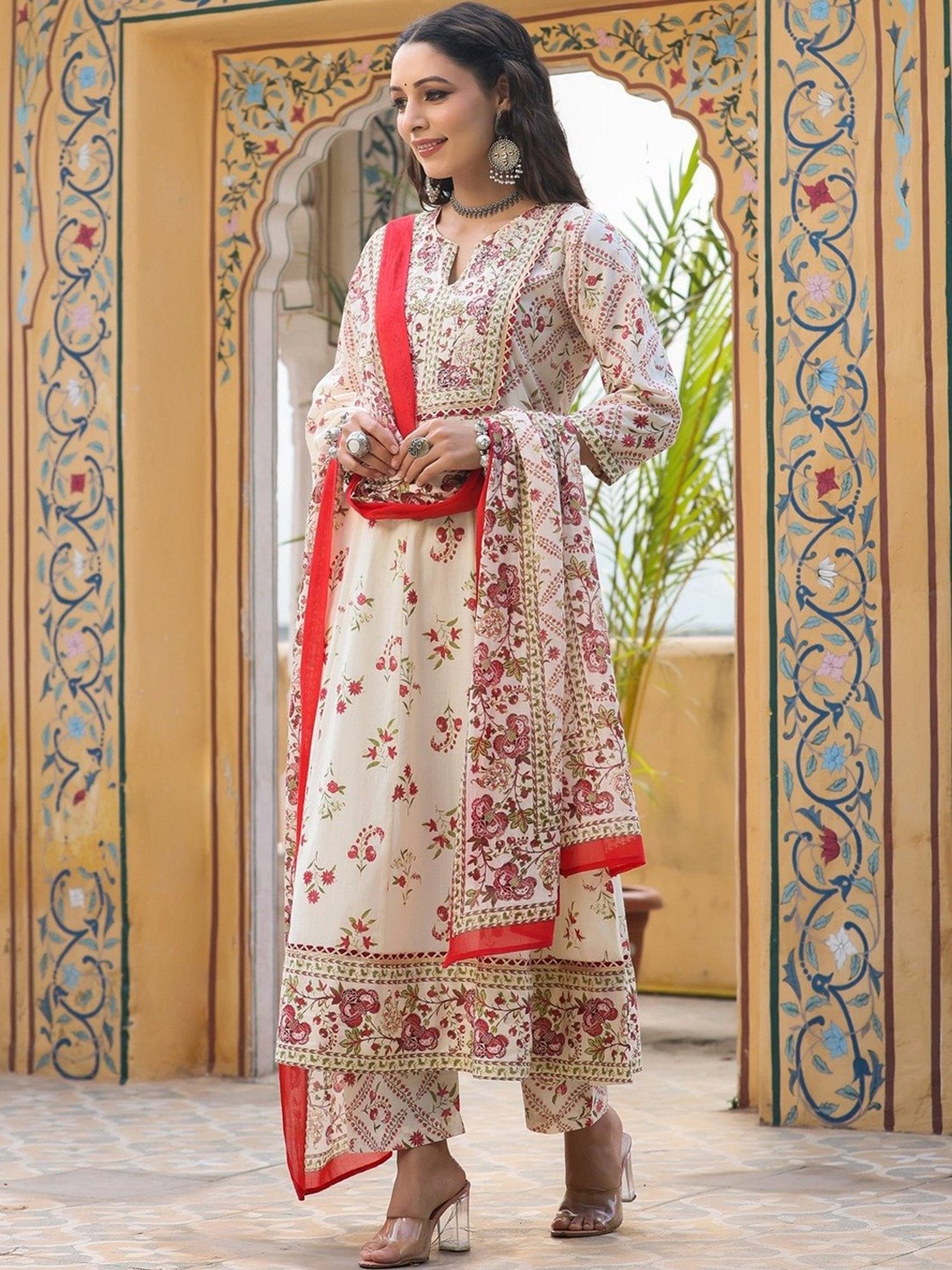 Rain and Rainbow Off-White Cotton Printed Kurta Pant Set With Dupatta