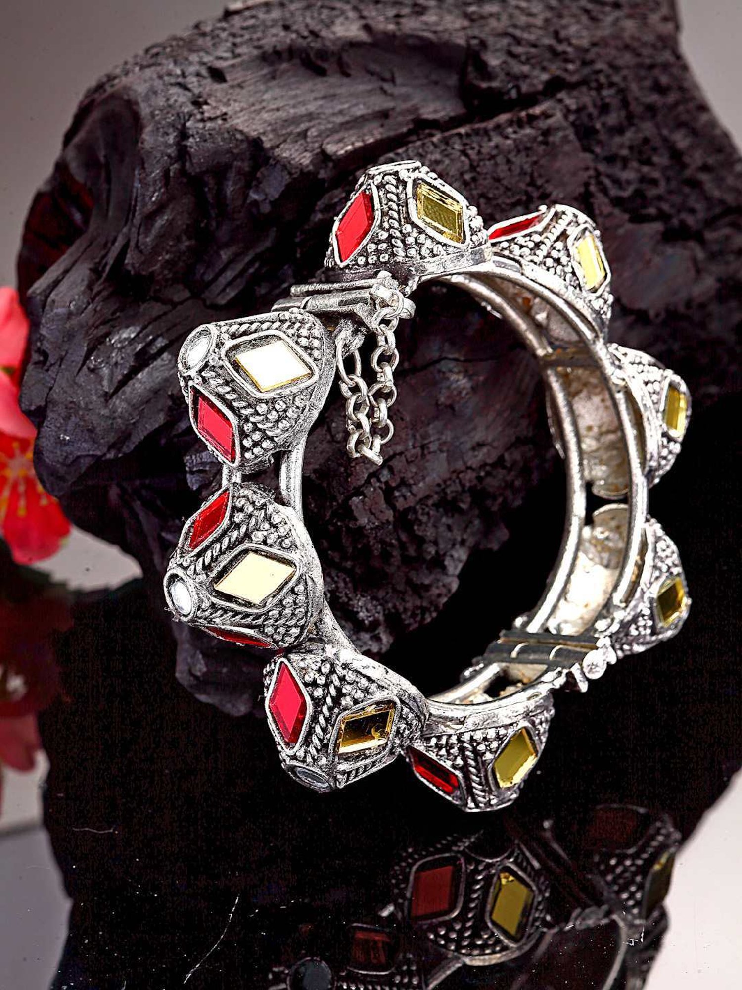 Moedbuille Mirrors Studded Tribal Afghan Design Oxidised Silver Plated Handcrafted Cuff Bracelet