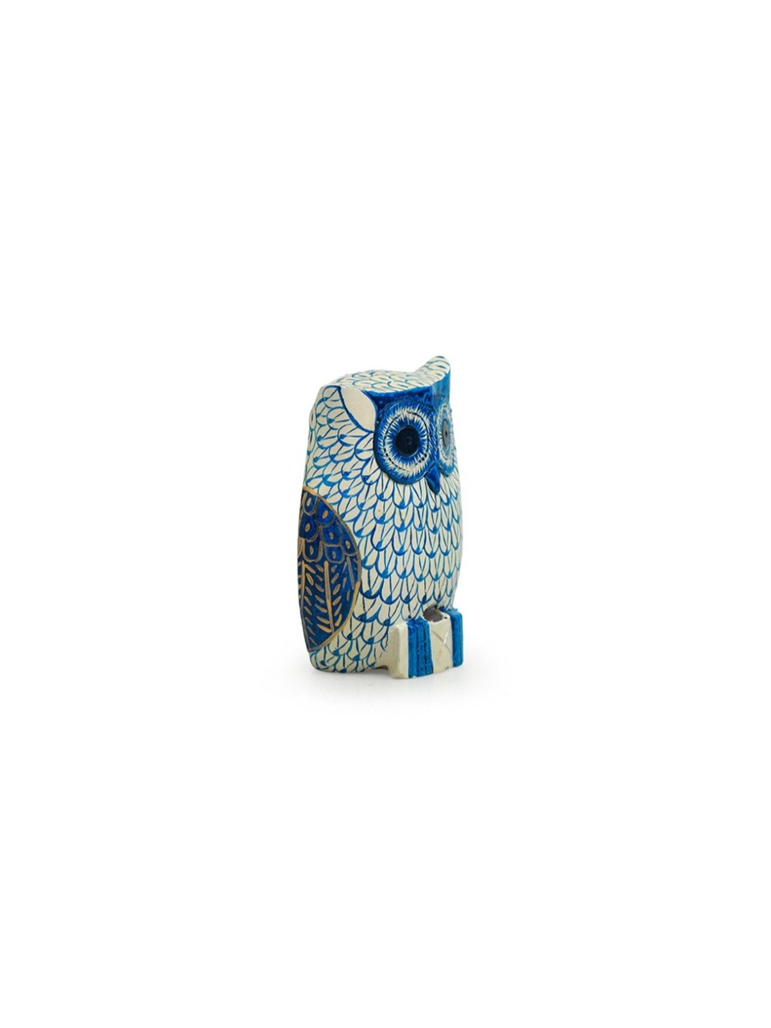 ExclusiveLane Hand-painted Ocean Blue & White Eucalyptus Wood The Staring Owl Showpiece