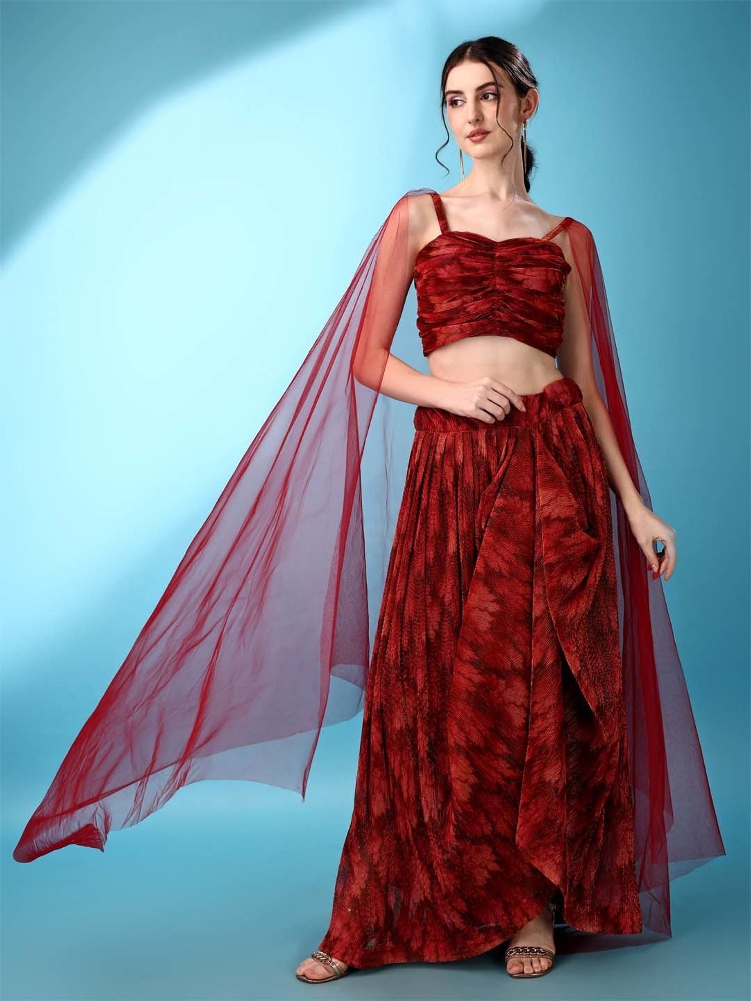 PURVAJA Red Woven Lehenga Choli Set With Dupatta