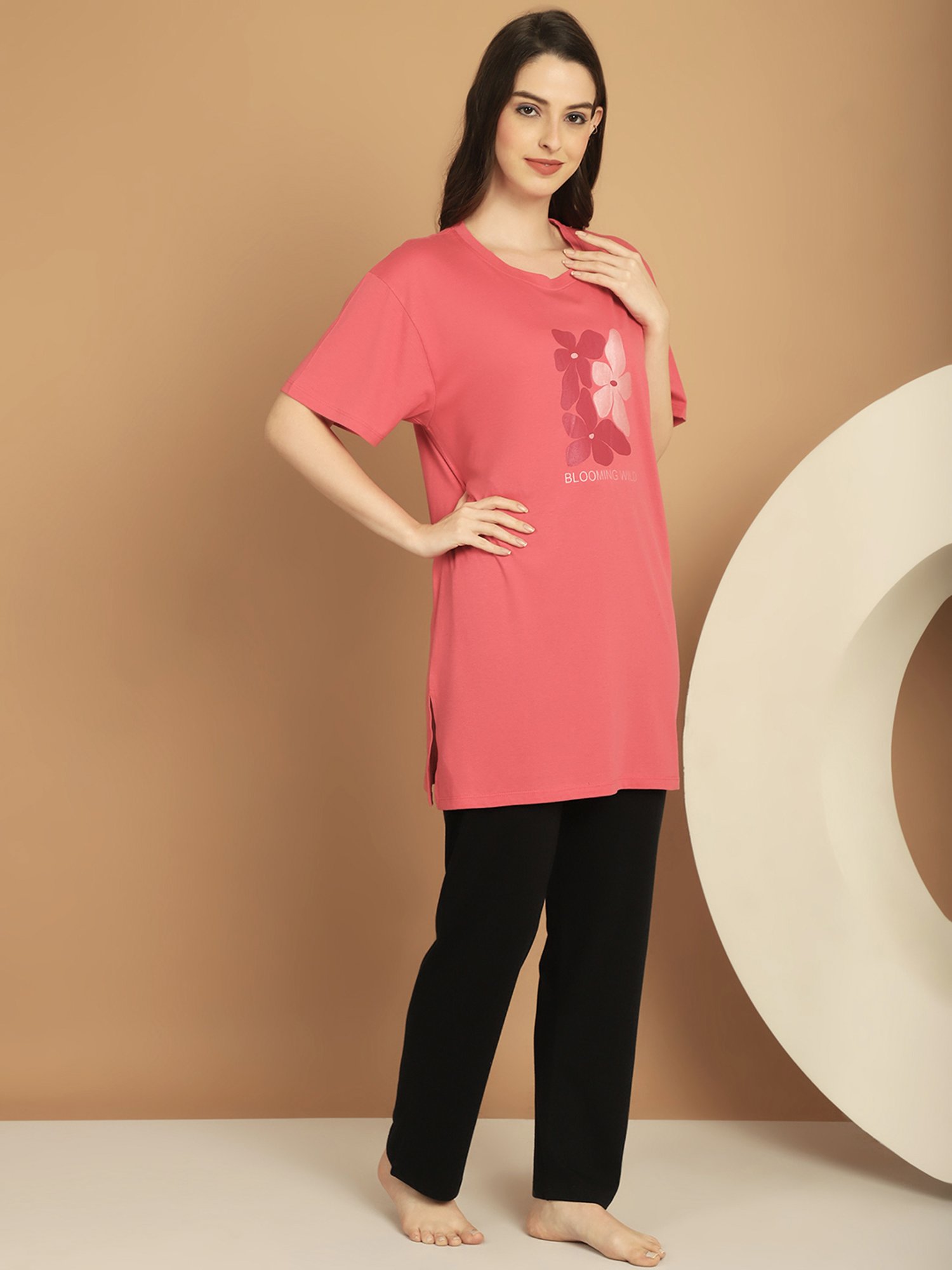 Kanvin Pink & Black Cotton Printed Tunic Pyjamas Set