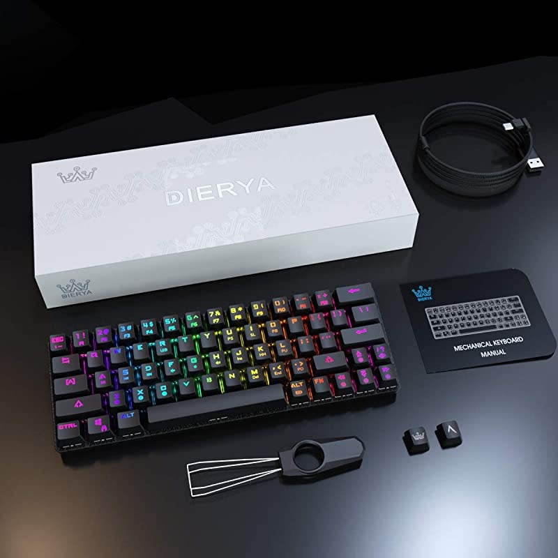 DK63 60% Keyboard with Dedicated Arrow Keys, Wireless Wired Mechanical Gaming Computer Keyboard True RGB LED Backlit Bluetooth 4.0 Programmable, N-Key Rollover for Windows and Mac- Blue Switch