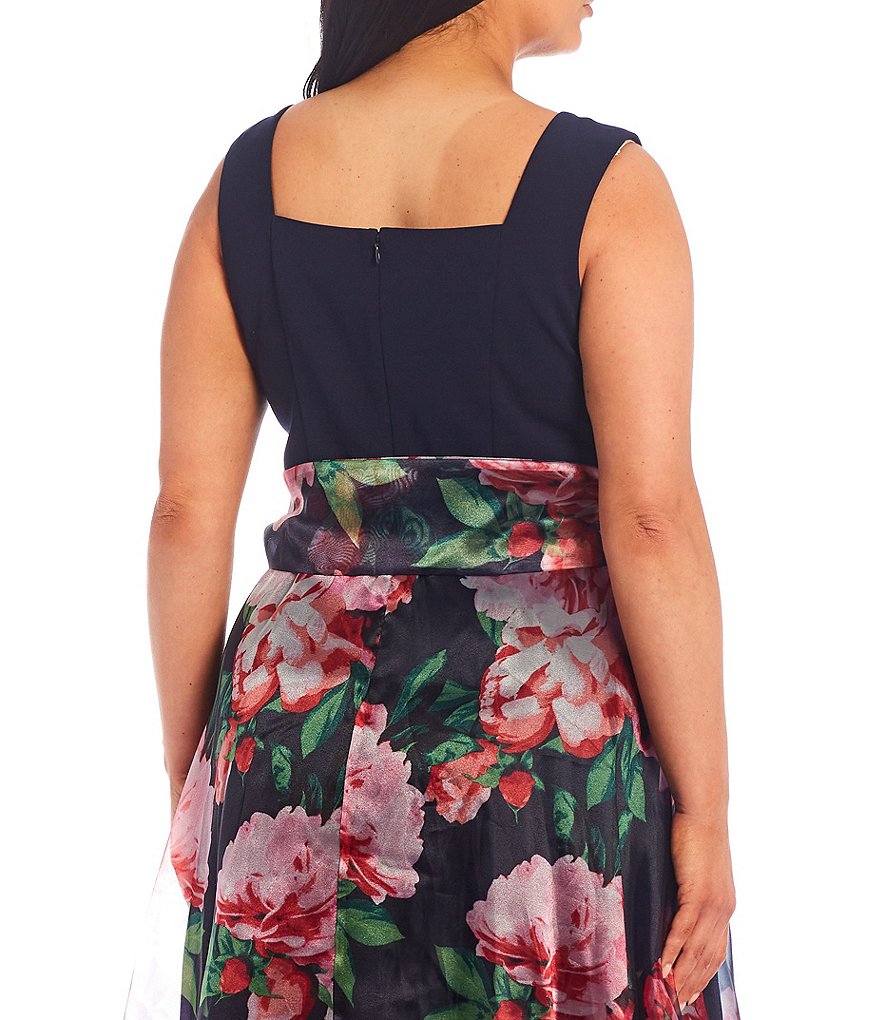 Eliza J Plus Size Square Neck Sleeveless Floral Print Bow Waist Detail Organza Ball Gown