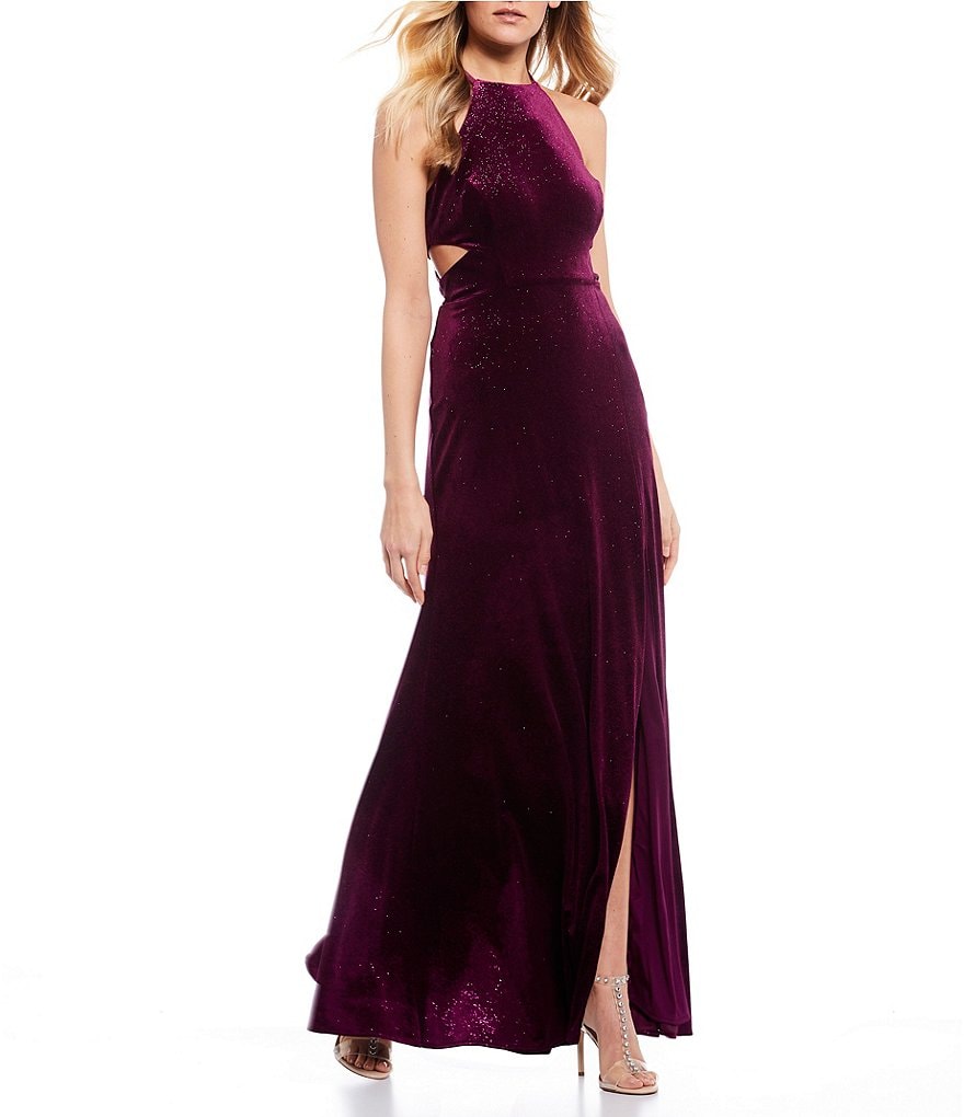 Morgan & Co. Halter Neck Glitter Velvet Cage-Back High Side Slit Long Dress