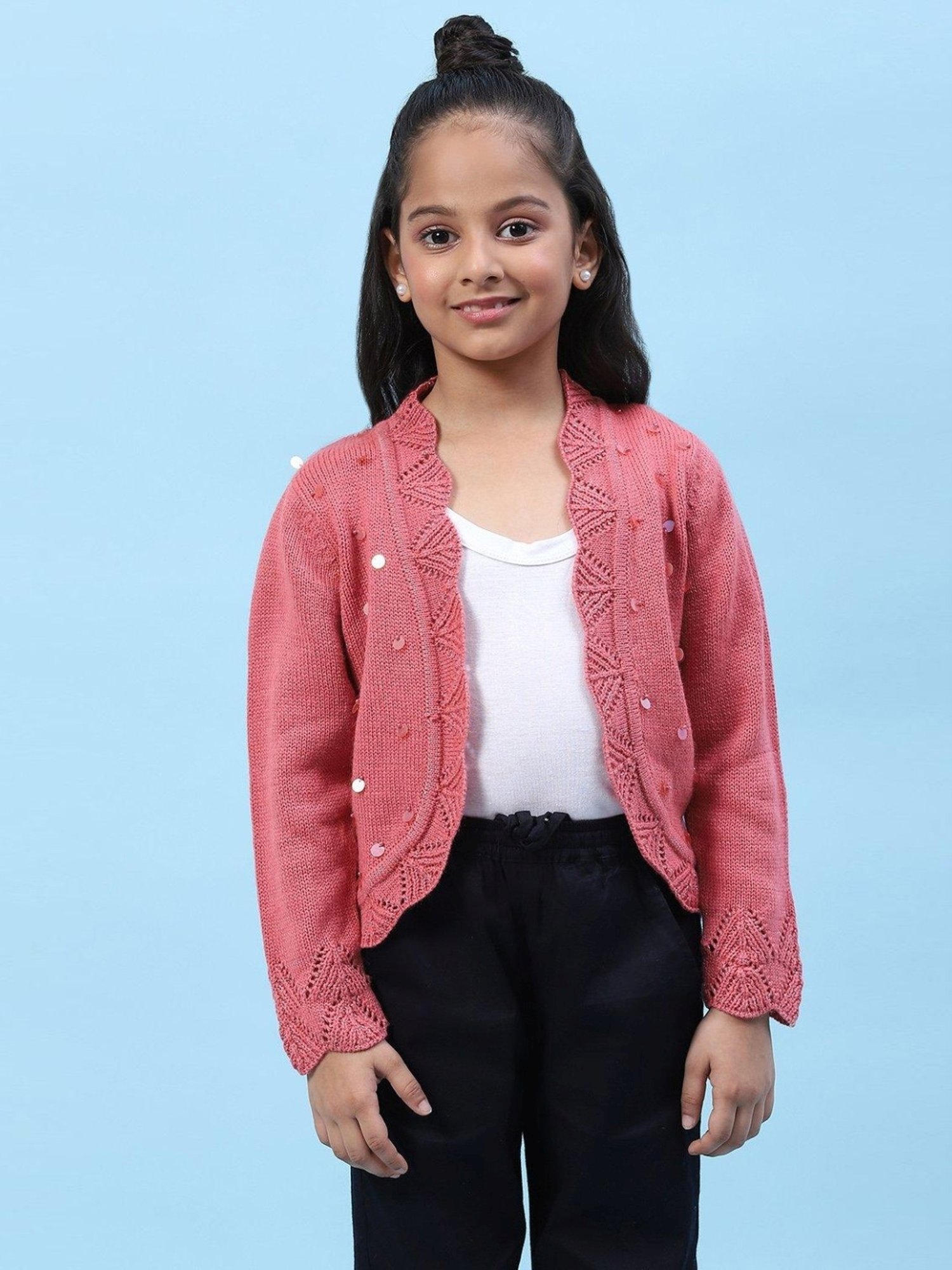 Biba Kids Pink Embellished Full Sleeves Shrug