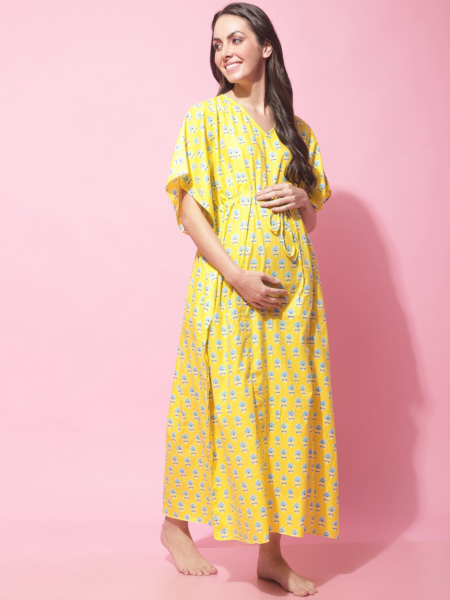 Secret Wish Yellow Printed Maternity Night Dress
