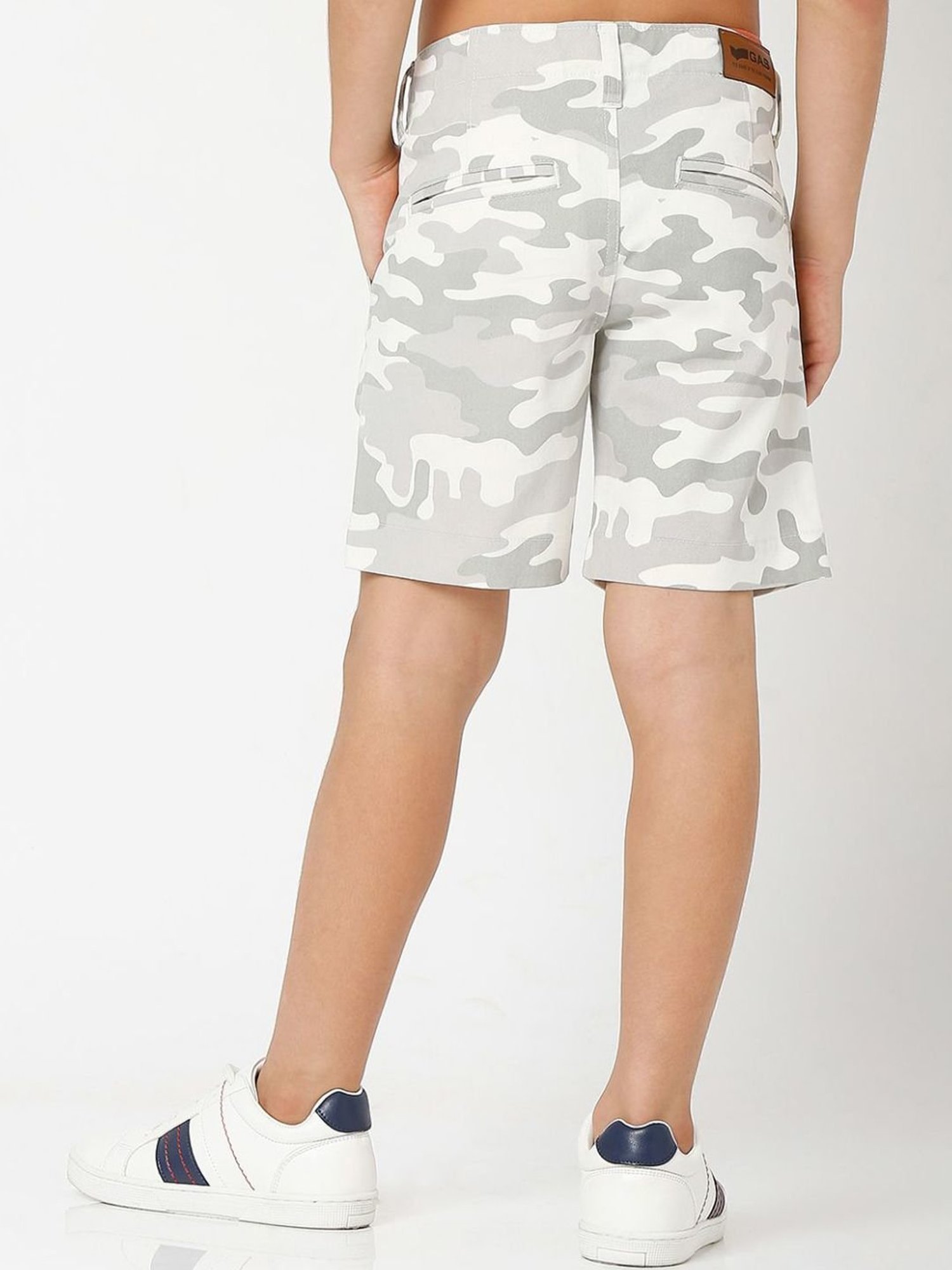 Gas Kids White & Grey Cotton Camouflage Shorts