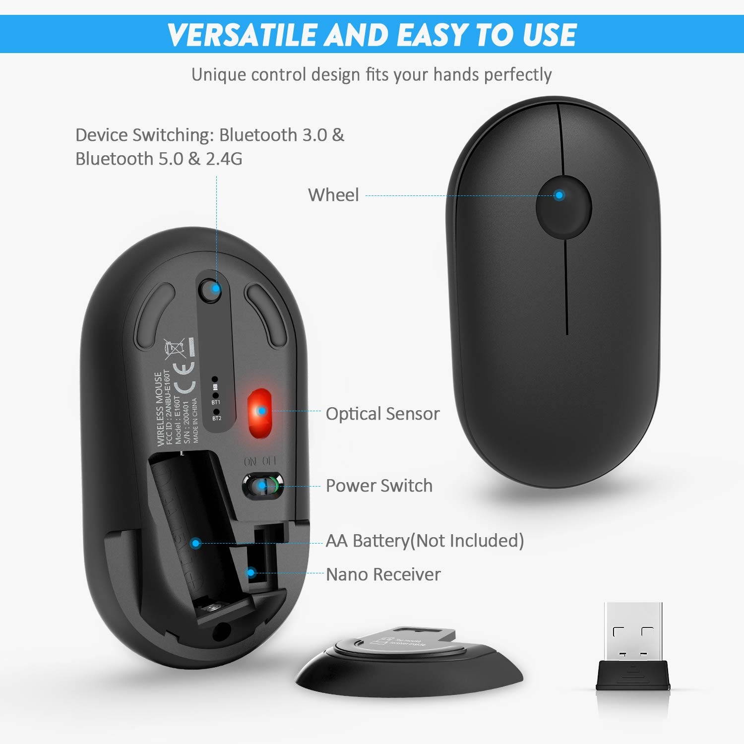 Bluetooth Mouse, Silent Click Triple Mode(Dual Bluetooth+USB) 2.4G Wireless Bluetooth Mouse with Nano Receiver, Wireless Computer Mouse Ergonomic 1200 DPI for Laptop, PC, Mac, Windows