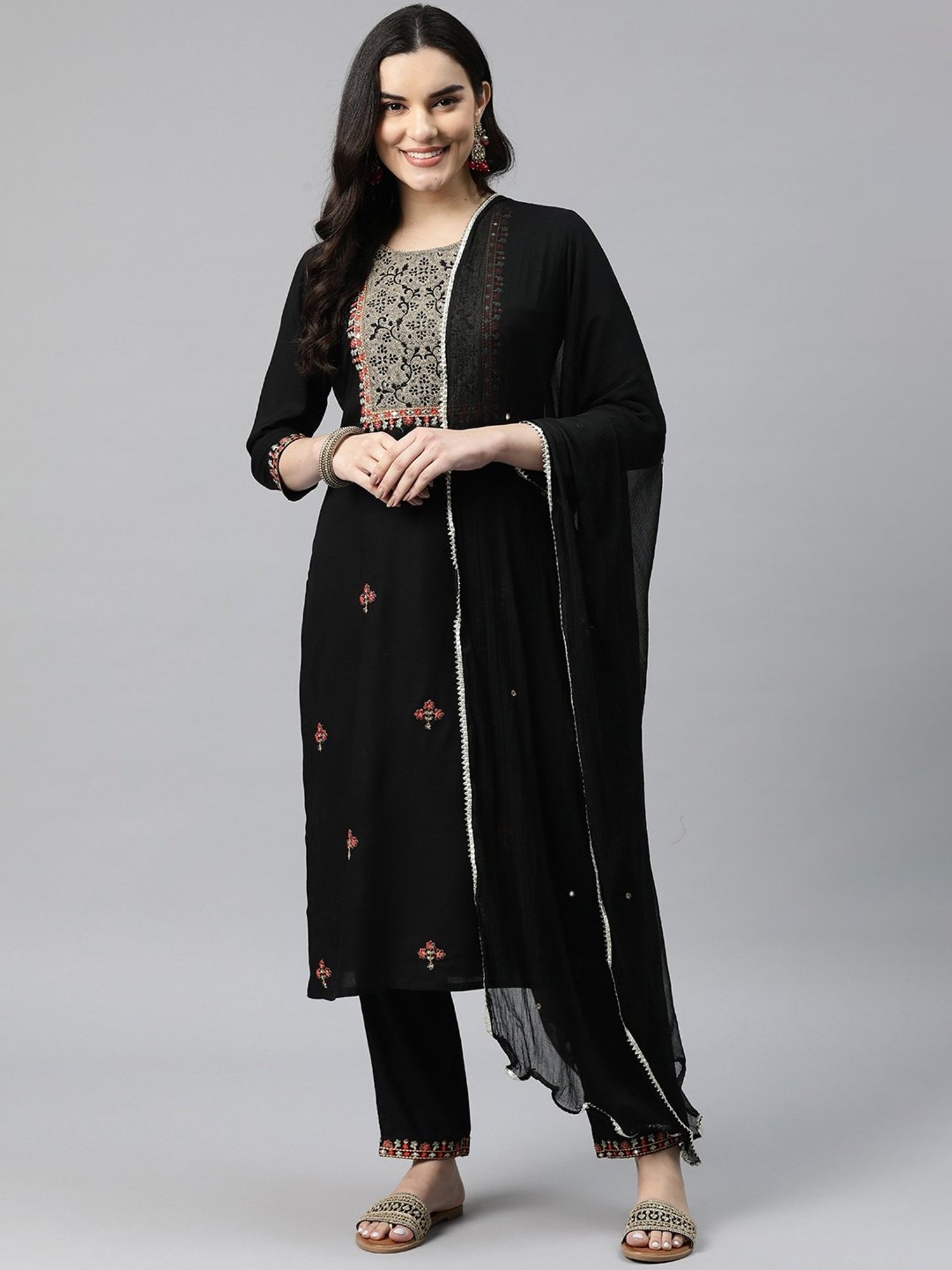 READIPRINT FASHIONS Black Embroidered Kurta Pant Set With Dupatta