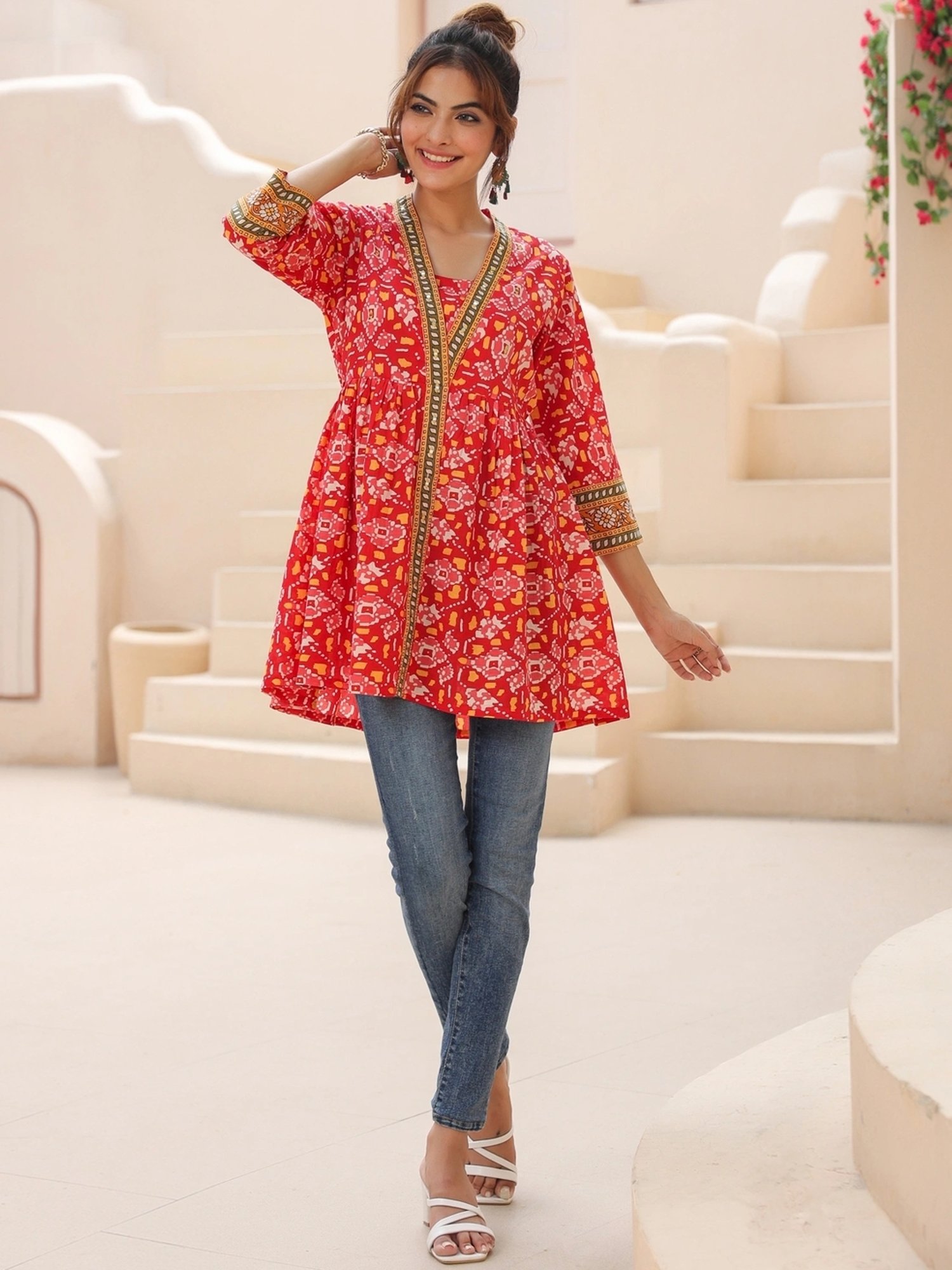 Rain and Rainbow Red Cotton Printed Top