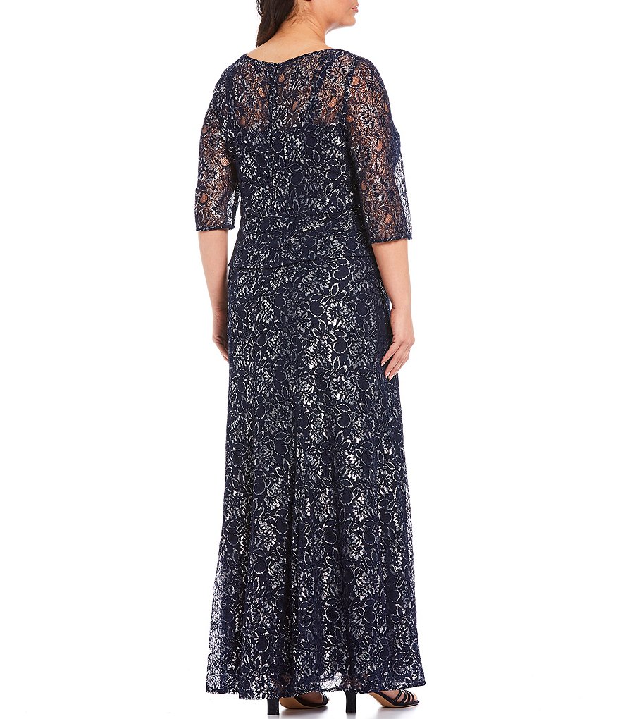 Le Bos Plus Size Round Neck 3/4 Sleeve Metallic Lace Peplum Long Gown