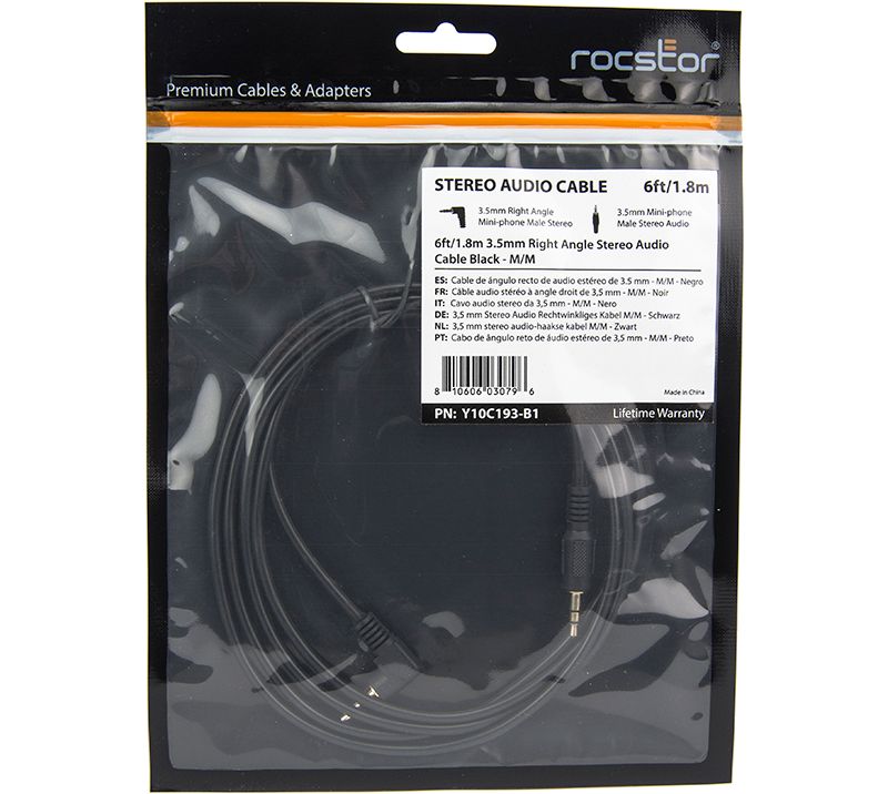 Rocstor Premium Slim 3.5mm to Right Angle Stereo Audio Cable 6 ft - M/M - Mini-phone Male Stereo Audio