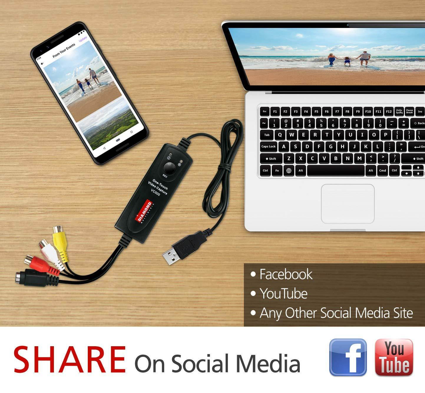 Diamond VC500 USB 2.0 One Touch VHS to DVD Video Capture Device with Easy to use Software, Convert, Edit and Save to Digital Files For Win7, Win8 and Win10