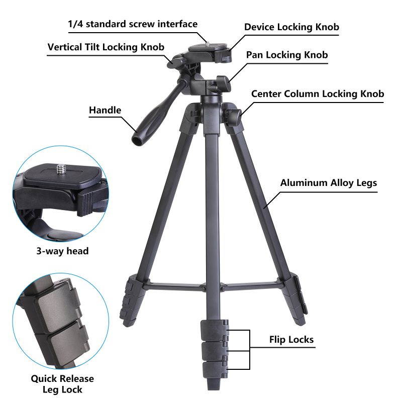Greatlizard Professional Tripod Extendable Travel Lightweight Stand With Phone Holder For Camera Gopro Smartphone Live Broadcast
