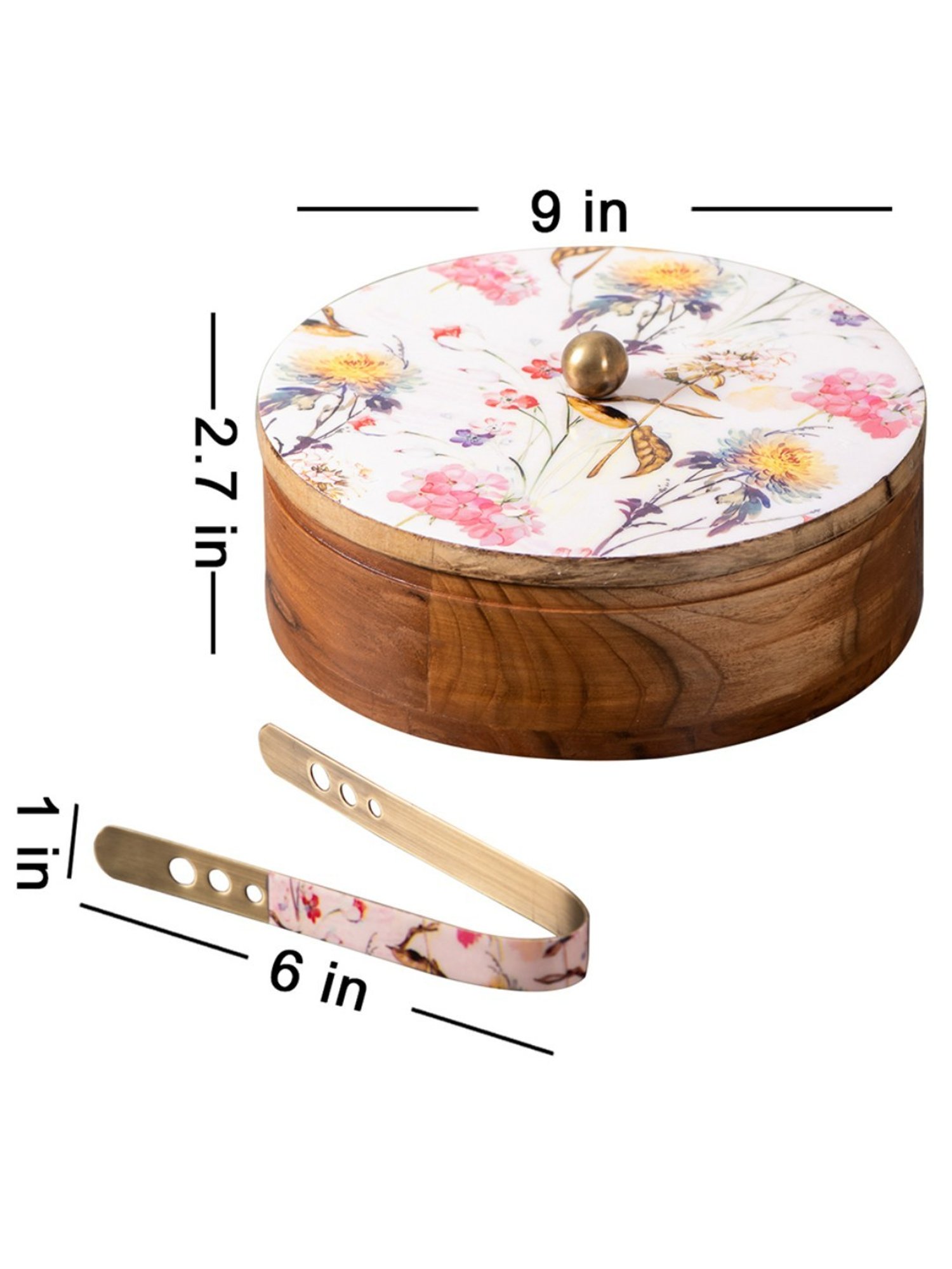 Nestroots White Wooden Casserole Box Chapati Box Food Warmer hotpot roti Box with Printed lid & Tong