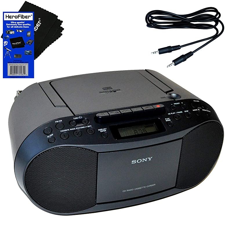 Sony CD Player Portable Boombox with AMFM Radio Cassette Tape Player + Auxiliary Cable for Smartphones MP3 Players  Ultra Gentle Cleaning Cloth