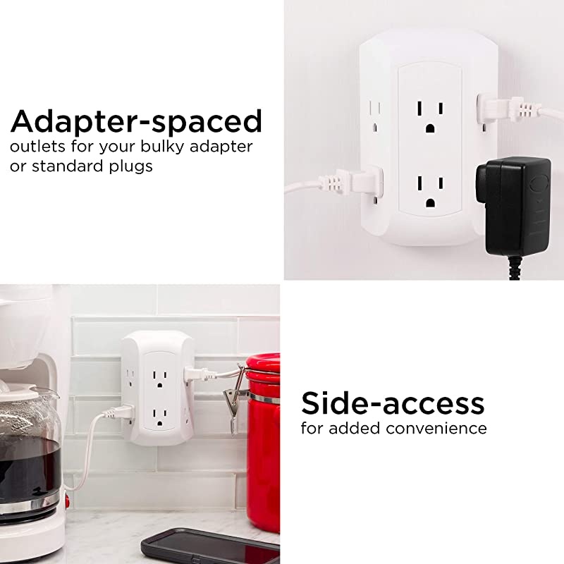 White, Pro 6-Outlet Sur Protector 2 Pack, Spaced Wall Tap, Side-Access, 3-Prong Power Strip, Charging Station, 560 Joules, UL Listed, 47847, 2 Count