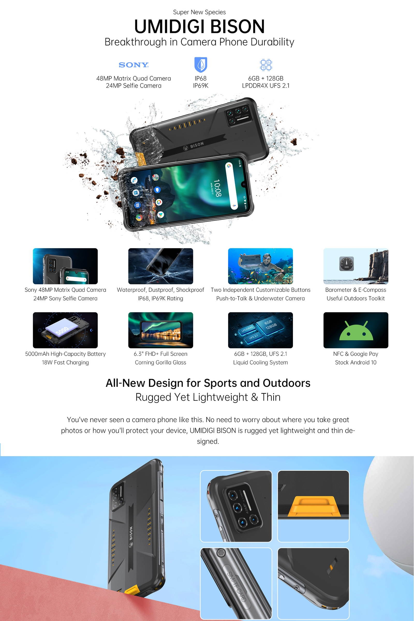 MIDIGI BISON Rugged Phone, 6GB+128GB IP68/IP69K Waterproof Dustproof Shockproof, Quad Back Cameras