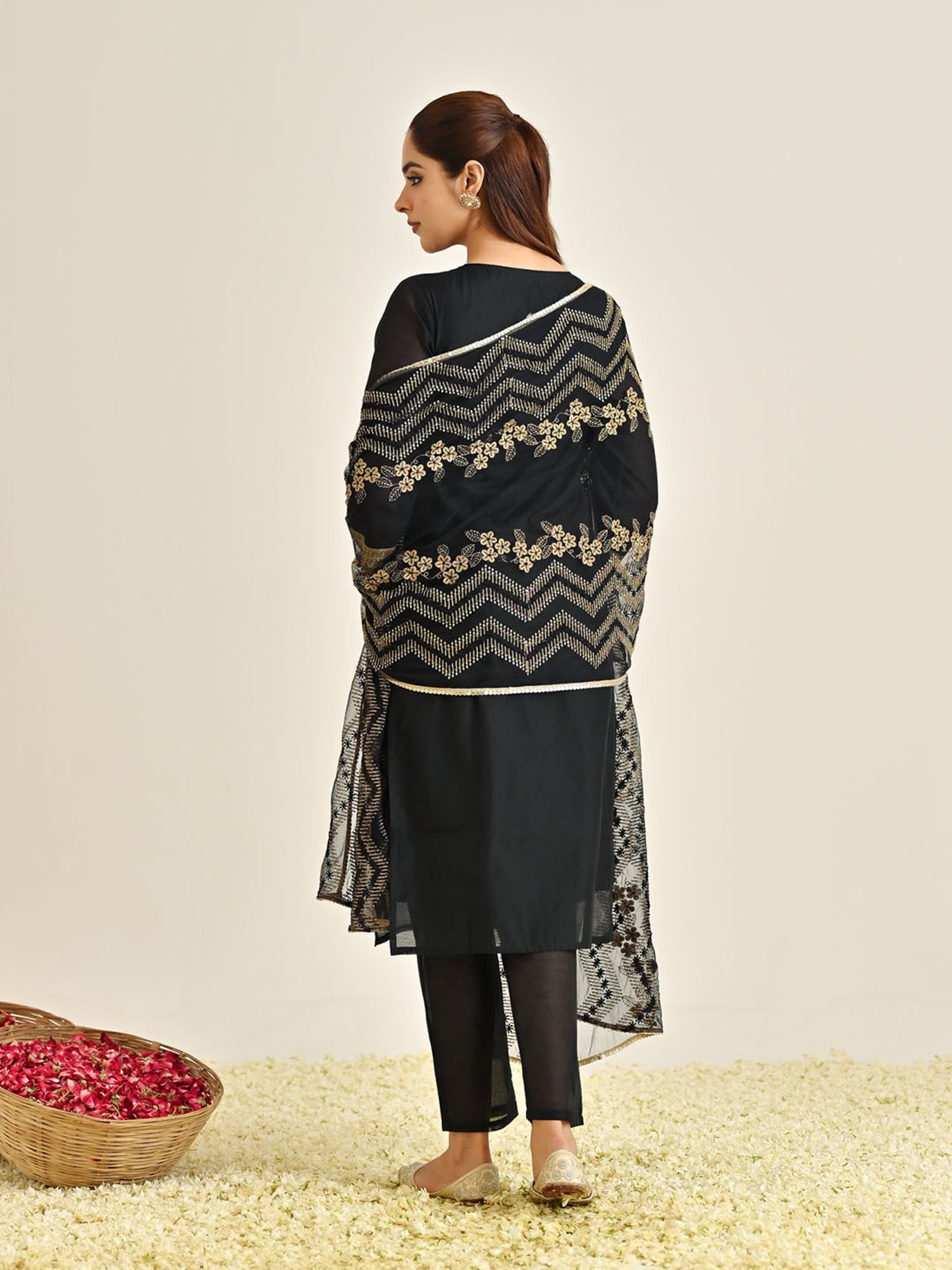 Rustorange Black Embroidered Kurta With Pant & Dupatta