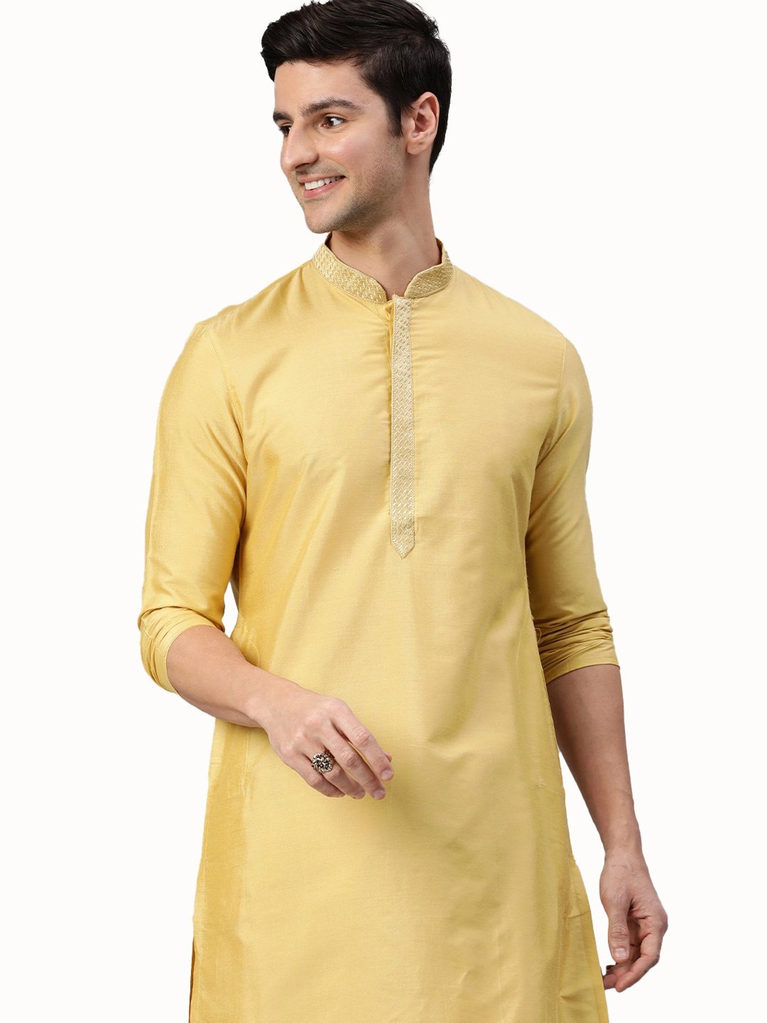 Manthan Fawn Mandarin Collar Self Design Kurta