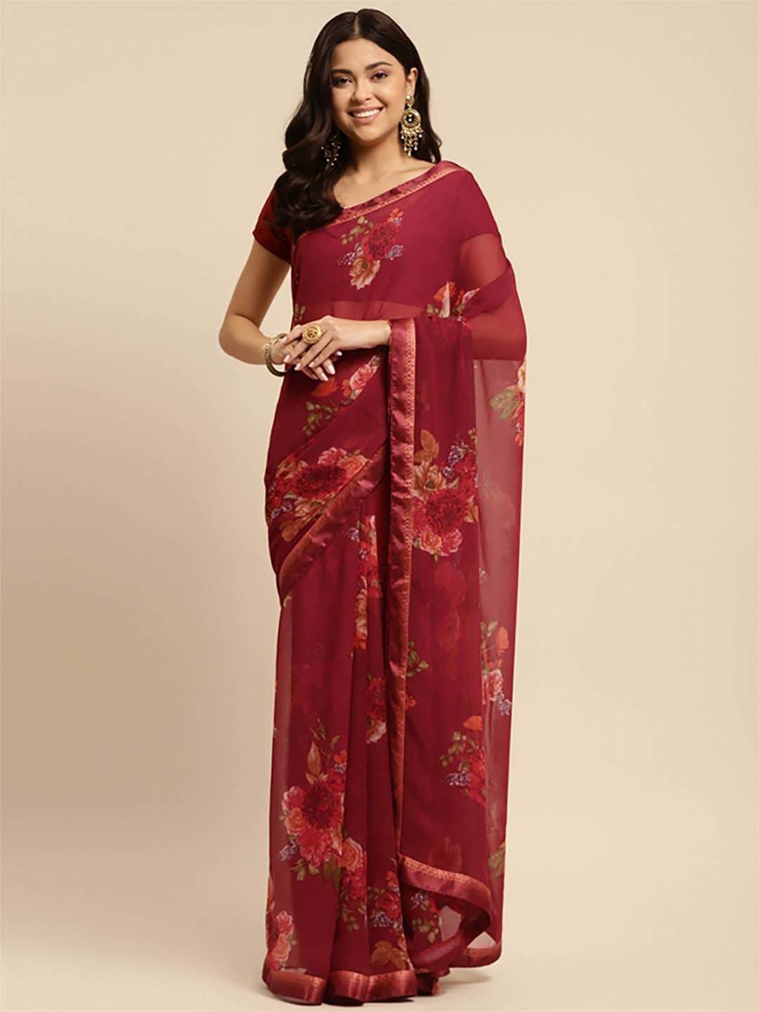 Rangita Maroon Floral Print Saree With Unstitched Blouse
