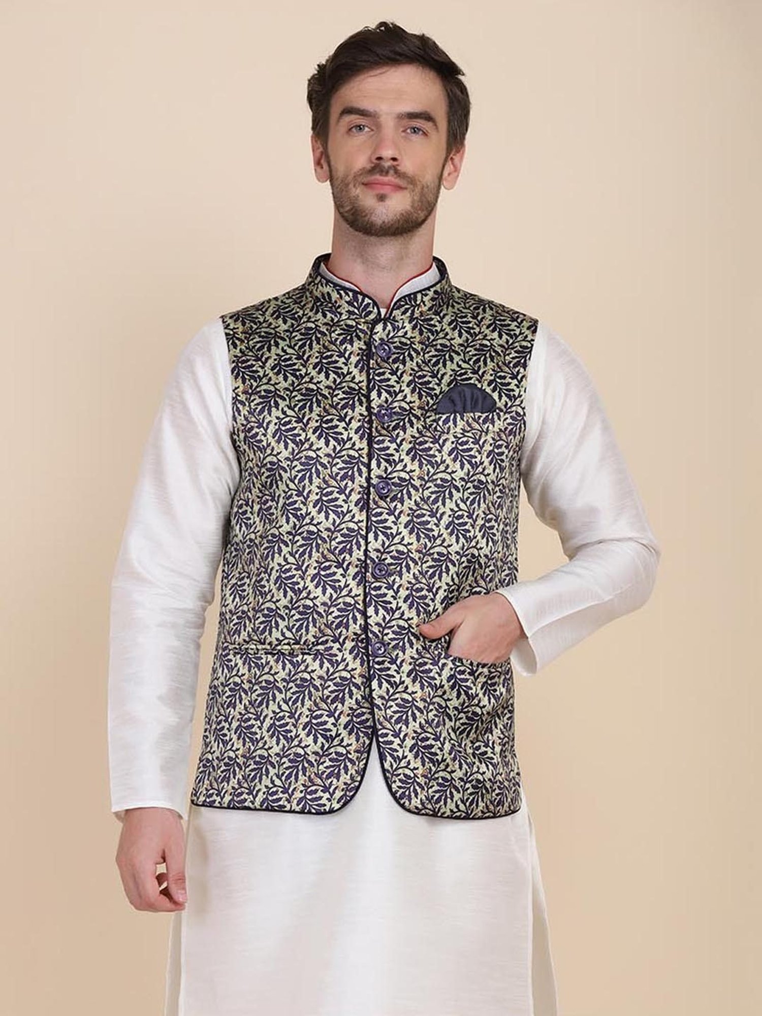 TAHVO Green & Blue Satin Slim Fit Printed Nehru Jacket