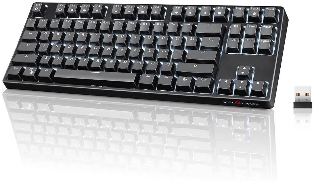 Wireless Mechanical Keyboard, VELOCIFIRE TKL02WS 87 Key Tenkeyless Ergonomic with Linear Red Switches, and White LED Backlit for Copywriters, Typists, and Programmers(Black)